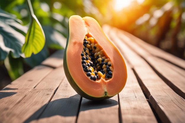 photo shot of a Papaya to a Agricultural Land with a blurred background