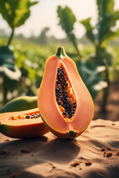 photo shot of a Papaya to a Agricultural Land with a blurred background