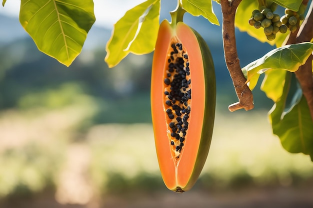 photo shot of a papaya attached to a branch with a blurred background