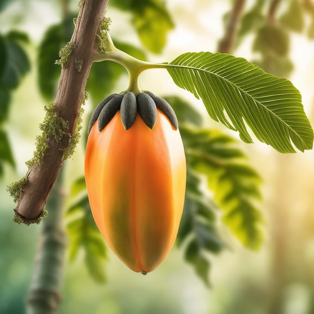 photo shot of a papaya attached to a branch with a blurred background