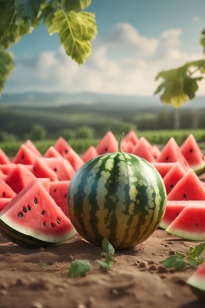 photo shot of a Watermelon attached to a Agricultural Land with a blurred background