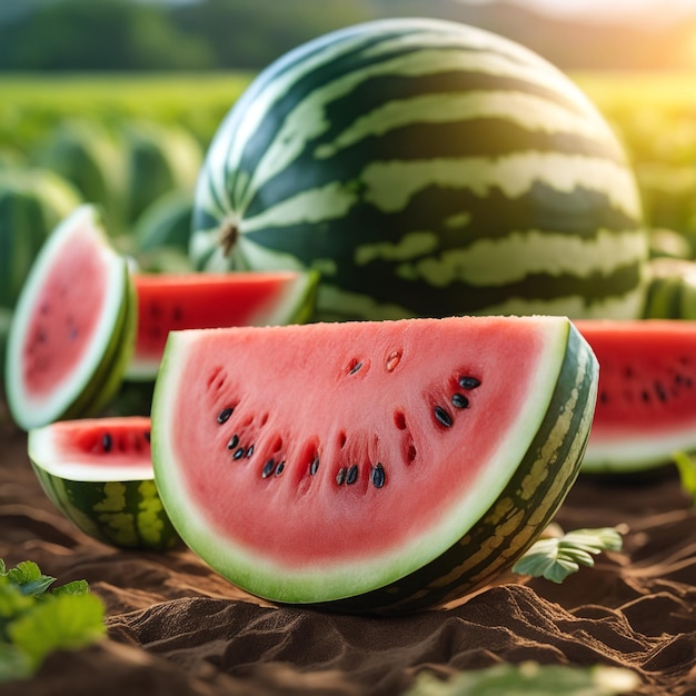 photo shot of a Watermelon attached to a Agricultural Land with a blurred background