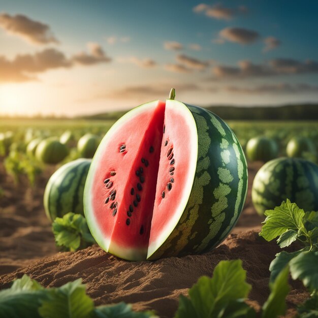 photo shot of a Watermelon attached to a Agricultural Land with a blurred background