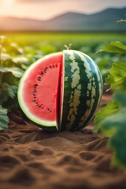 photo shot of a Watermelon attached to a Agricultural Land with a blurred background