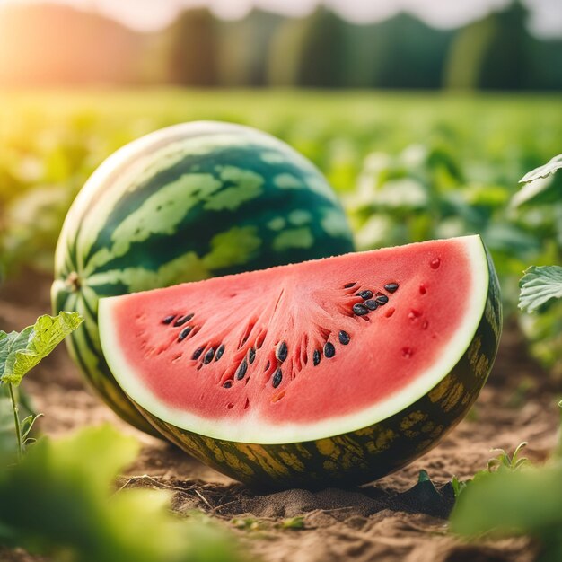 photo shot of a Watermelon attached to a Agricultural Land with a blurred background