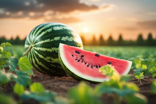 photo shot of a Watermelon attached to a Agricultural Land with a blurred background