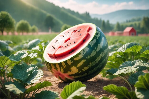 photo shot of a Watermelon attached to a Agricultural Land with a blurred background