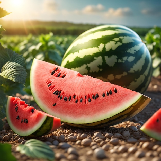 photo shot of a Watermelon attached to a Agricultural Land with a blurred background