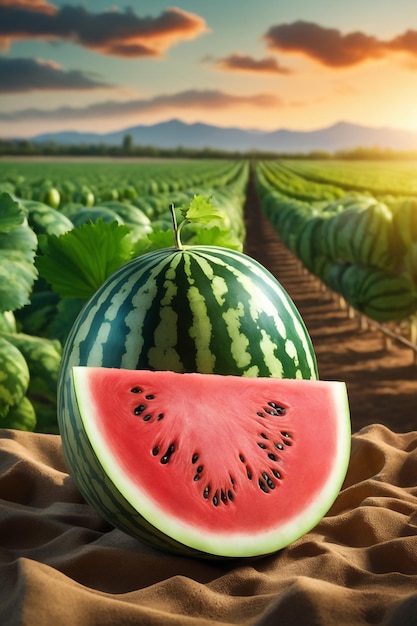 photo shot of a Watermelon attached to a Agricultural Land with a blurred background