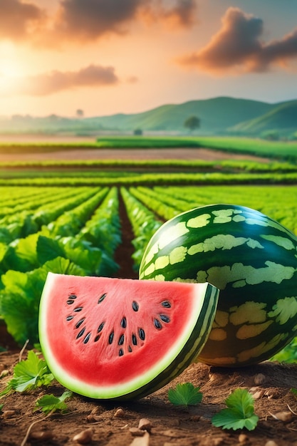 photo shot of a Watermelon attached to a Agricultural Land with a blurred background