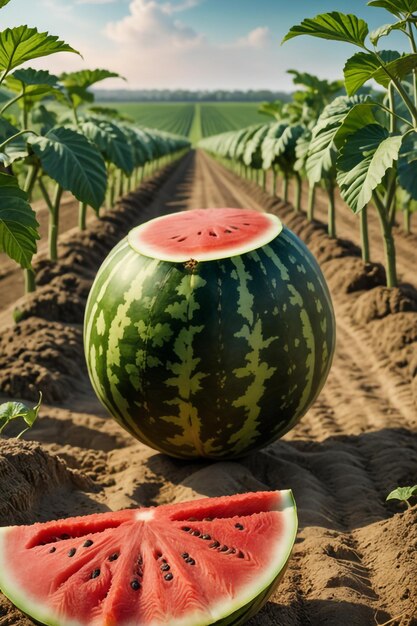 Photo photo shot of a watermelon attached to a agricultural land with a blurred background