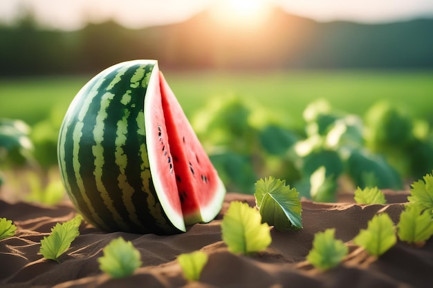 photo shot of a Watermelon attached to a Agricultural Land with a blurred background