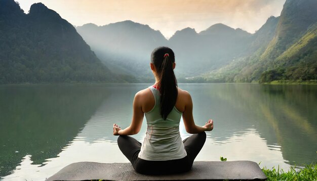 Photo photo shot of woman practices maditation from the back and meditates on the lake ai generated