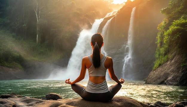 Photo photo shot of woman practices maditation from the back and meditates on the lake ai generated