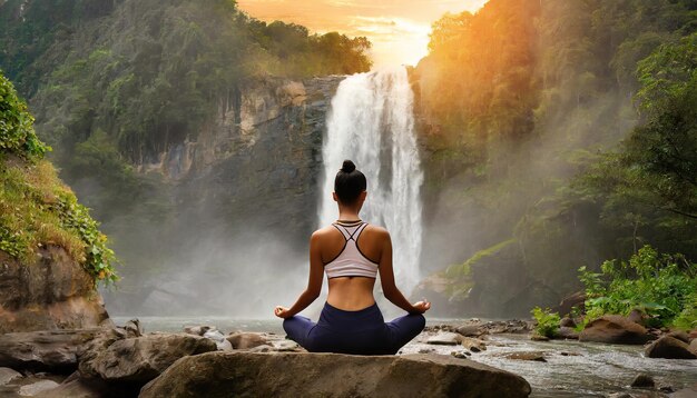 Photo photo shot of woman practices maditation from the back and meditates on the lake ai generated