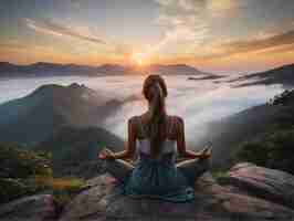 Photo photo shot of woman practices maditation from the back and meditates on mountain background