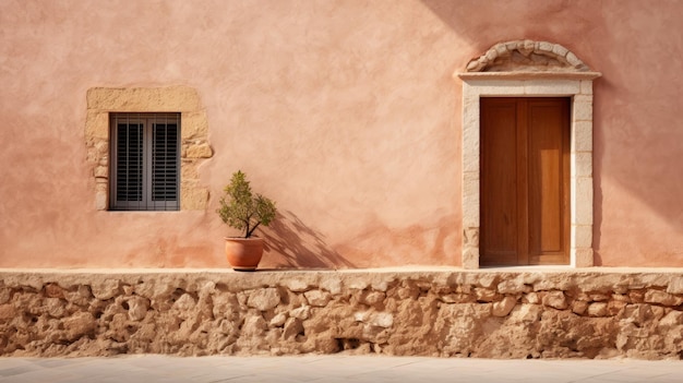 the photo showcases a wall with windows in a light pink mediterranean style. the organic textures of the wall complement the light orange and light brown hues. the artwork, created by filip hodas, inc