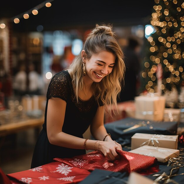 A photo showcasing the beautiful girl providing gift wrapping assistance to customers