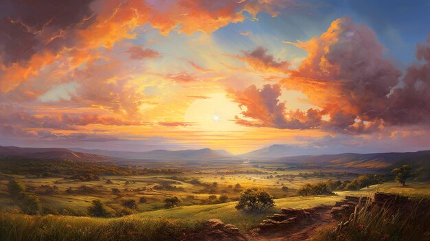 Фотография, изображающая красоту восхода или захода солнца в сельской местности, рисующая небо