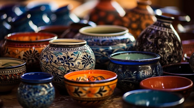 Photo a photo showcasing the beauty of islamic pottery and ceramics such as bowls and vases