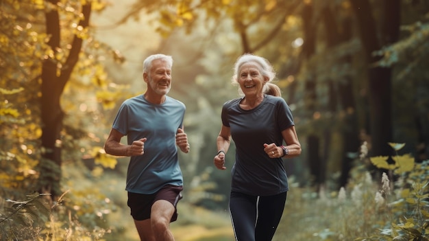 활동적이고 건강한 생활 방식을 나타내는 여름 아침에 자연 환경에서 함께 달리는 노인 부부를 보여주는 사진 이 스 사진은 디자인 목적으로 사용할 수 있습니다.