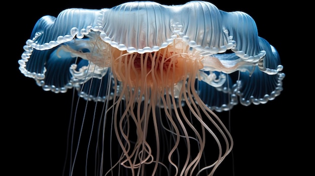 A Photo showcasing the intricate and delicate structure of a jellyfish's umbrella shaped body