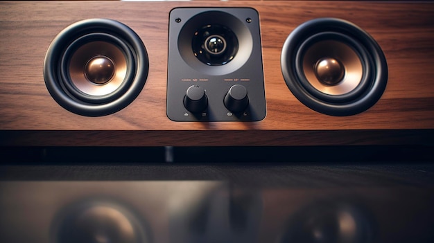 A Photo showcasing the intricate details and minimalist controls of a modern desktop speaker