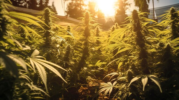 A photo showcasing the outdoor cultivation of cannabis plants in natural sunlight