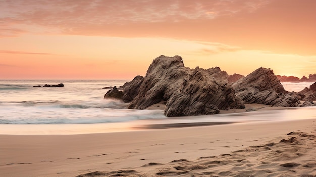 A Photo showcasing the soft pastel colors of a beach sunset behind a rocky outcrop