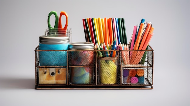 A Photo showcasing the textures and patterns of a desk organizer with compartments for pens