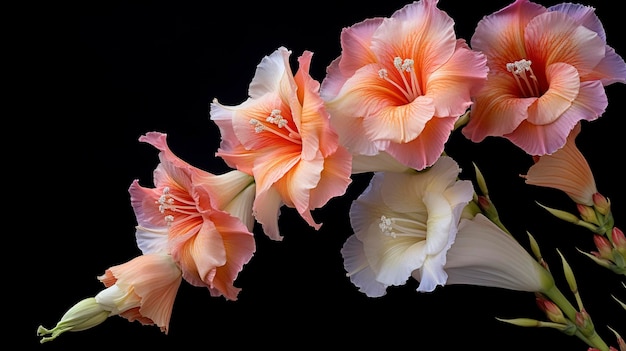 A Photo showcasing the textures and patterns of a gladiolus flower with its tall spike