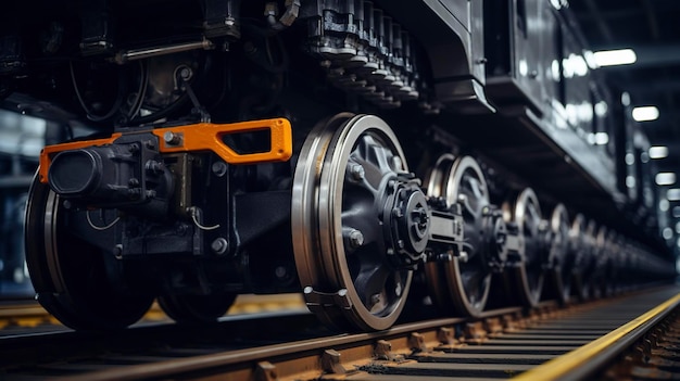 A Photo showcasing the textures and patterns of the wheels and undercarriage of a modern train