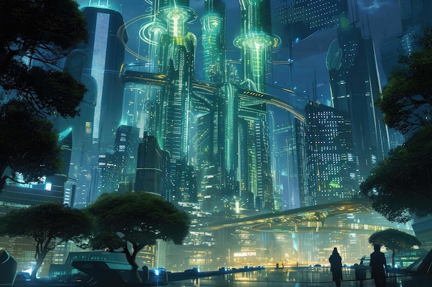 A photo showcasing a vibrant futuristic city at night with a group of individuals standing in front of it Futuristic city implementing biotechnology strategies AI Generated