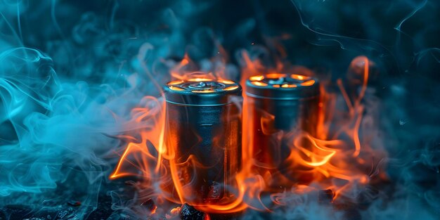 리<unk>이온 배터리를 과열하여 불꽃과 연기를 유발하는 위험을 보여주는 사진 배터리 안전과 위험을 강조한 개념 리이언 배터리 과열 불꽃 연기 안전 위험