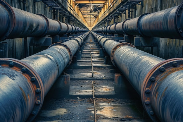 A photo showing a lengthy series of pipes in a building stretching from one end to the other Abstract interpretation of a pipeline system AI Generated