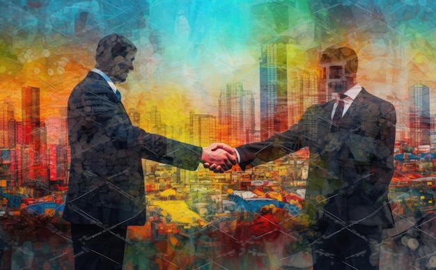 Photo showing two business people handshake for digital currency in front of cityscape Generative AI