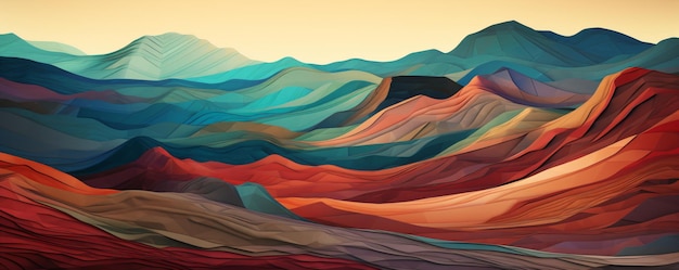 the photo shows colorful mountains in a desert in the style of textured fabrics