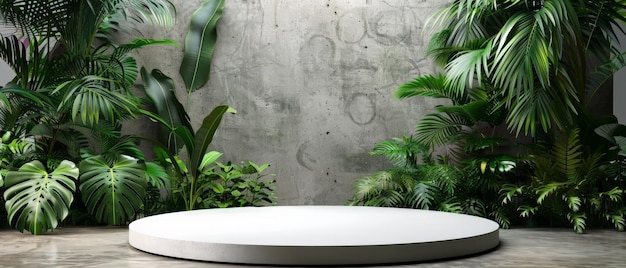 the photo shows a concrete podium in front of a concrete wall with tropical plants on each side
