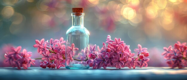 На фото изображены лилавые цветы в стеклянной бутылке.