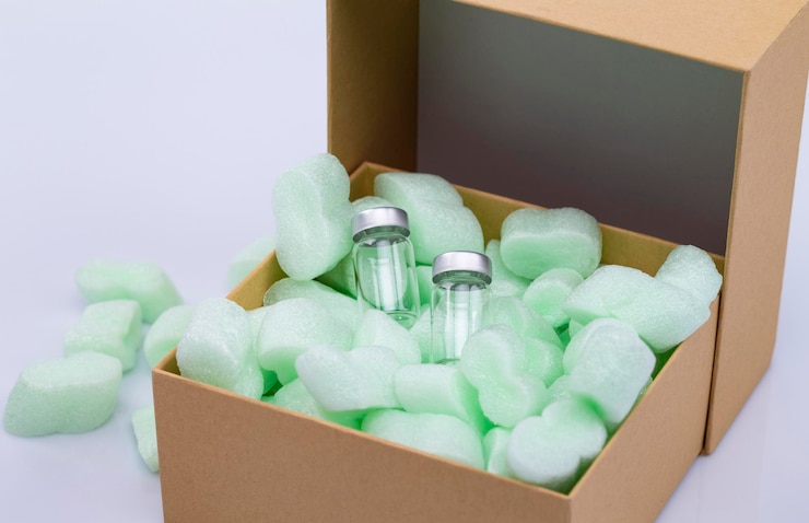 Photo the photo shows an opened package with styrofoam snippets and two vaccine vials