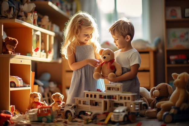사진 형제 자매 가 함께 장난감 을 가지고 놀고 있는 사진