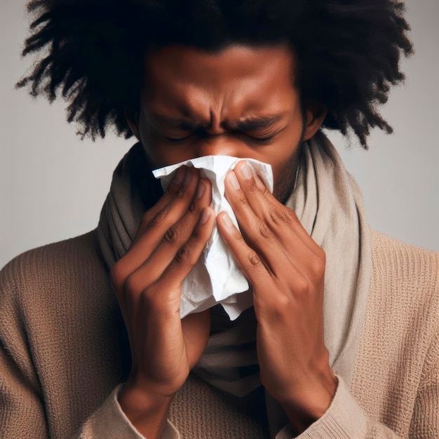 photo of a sick young man sneezing in paper napkin ai generative