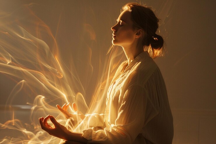 Photo photo side view adult meditating with light