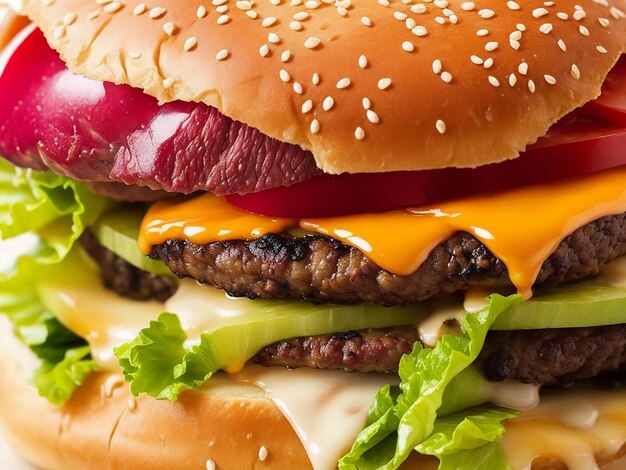Фото двойной чизбургер с говядиной на гриле, сгенерированное ИИ