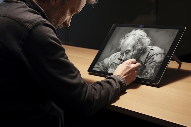 写真 サイドビュー: タブレットに絵を描く男性