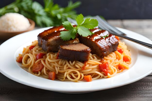 Photo side view pilaf with stewed beef meat on a plate