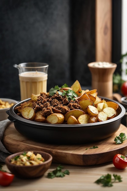 Photo photo side view shawarma with fried potatoes in board cookware