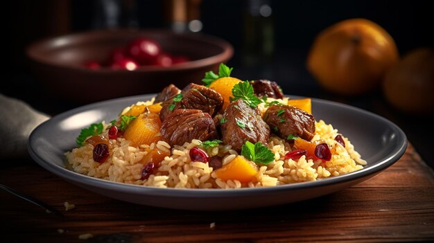 Photo side view sour pilaf with lamb stew chestnuts and dried fruits on a plate
