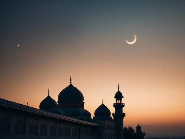 Photo photo silhouette dome mosques on dusk sky and crescent moon