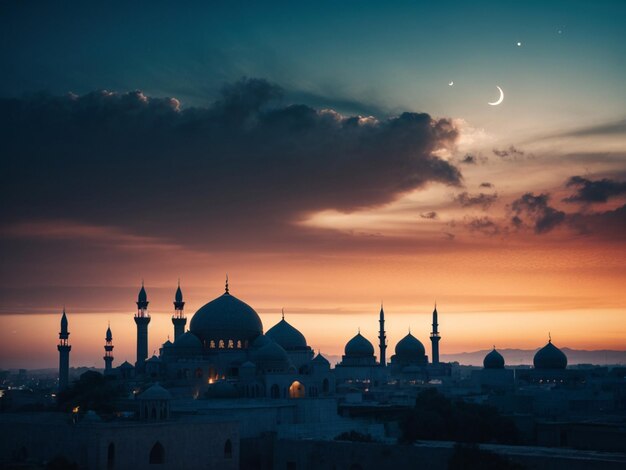 Photo silhouette dome mosques on dusk sky and crescent moon